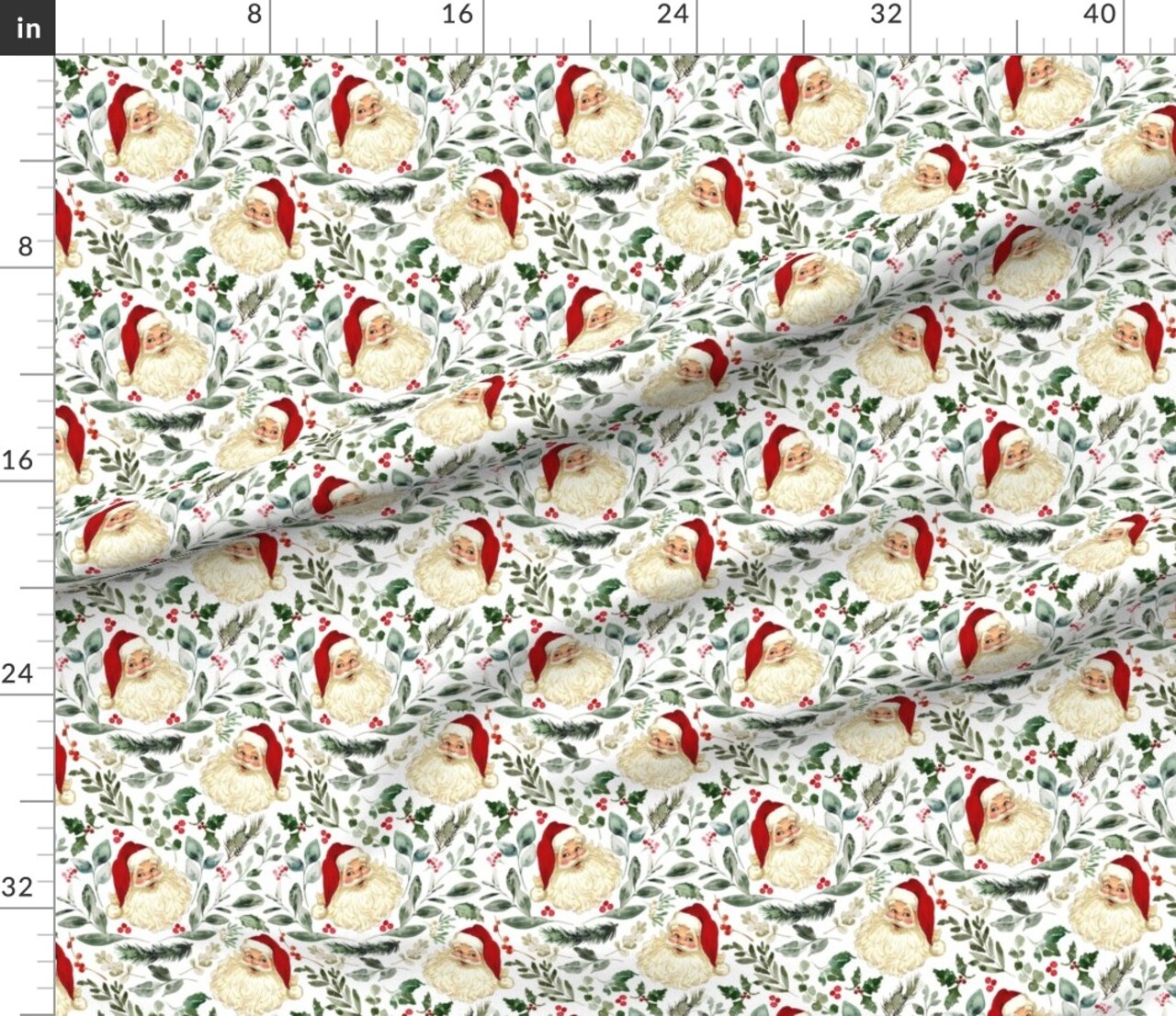 Watercolor Retro Santa Christmas Botanical Greenery Floral Santa Claus Holly Holly Berries Christmas Floral Damask Retro Christmas Vintage Custom Printed Fabric by Spoonflower Various Fabrics by the Yard or Fat Quarter
